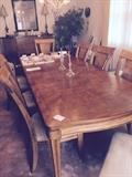 $1000 LAST DAY- Beautiful maple dining room table with 8 chairs, 2 leafs, granite topped buffet and china cabinet.  Sold as a set $1500. In excellent condition.  Seats eight with leafs in. Chairs are upholstered on seats in ivory fabric. 