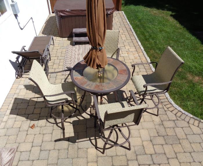 Pub style patio set with 4 chairs and umbrella