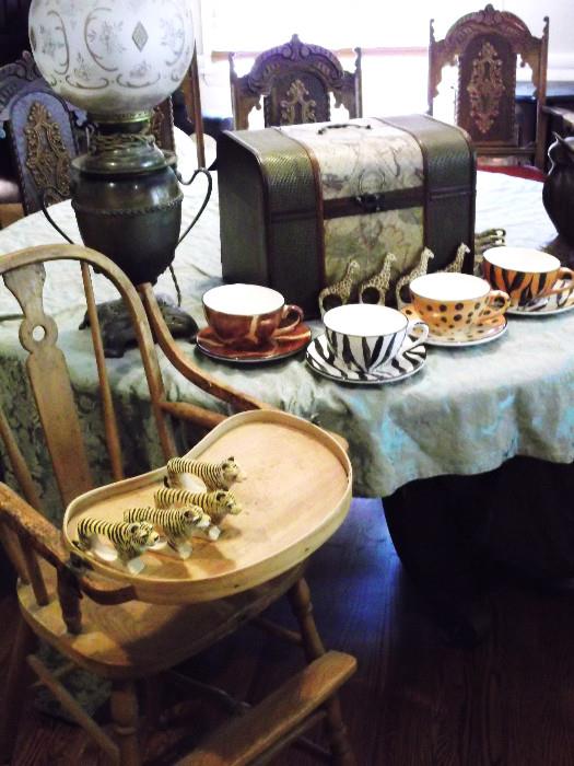 Antique Wood High Chair, Oversize Animal Coffee Mugs and Saucers, Atlas Chest, Animal Napkin Holders