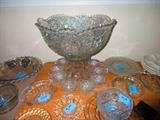 Cut & molded punch bowl on stand with cups, vintage glass-silver overlay, Fostoria etc.
