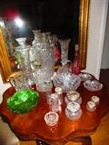 American Brilliant Period crystal, Sterling & crystal vanity jars, Large antique mirror, antique scalloped top table