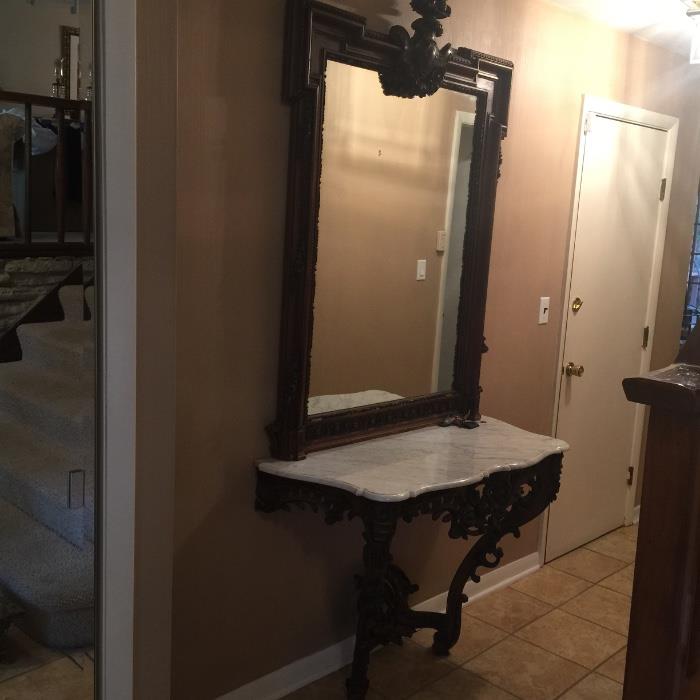 Mid Century Marble and Carved Wood Entrance Table and Mirror