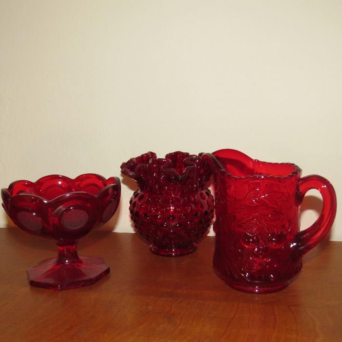 Ruby Red Coin Glass, Hobnail, and Cherry Pattern