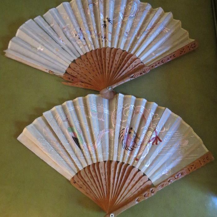 Beautiful Embroidered - Carved Wood Fans