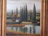 Oil Painting of Cypress trees and farmhouse