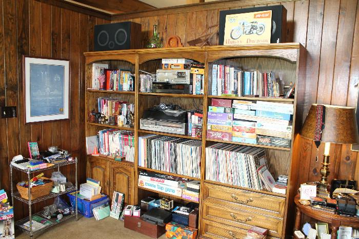Bookshelves with books, records, movies, and more!