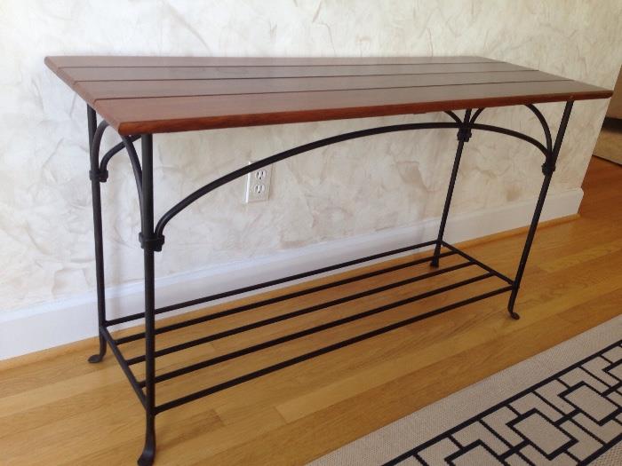 Pine plank top sofa table with black iron base 