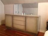 Retro bedroom set: includes high boy, dresser with mirror, 2 end tables and headboard. Excellent condition