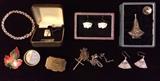 Emerson 10K Gold Pin, Ivory & Sterling Earrings, Sterling Perfume Bottom, Sterling Fan Earrings, Gold Cross, & More