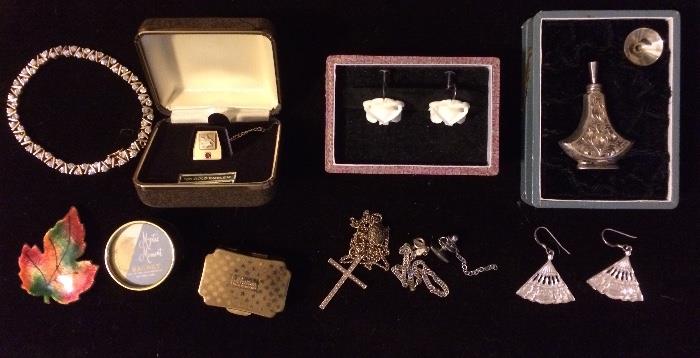 Emerson 10K Gold Pin, Ivory & Sterling Earrings, Sterling Perfume Bottom, Sterling Fan Earrings, Gold Cross, & More