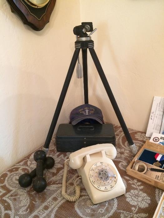 Davidson Tripod, Vintage Phone, Weights & Moew