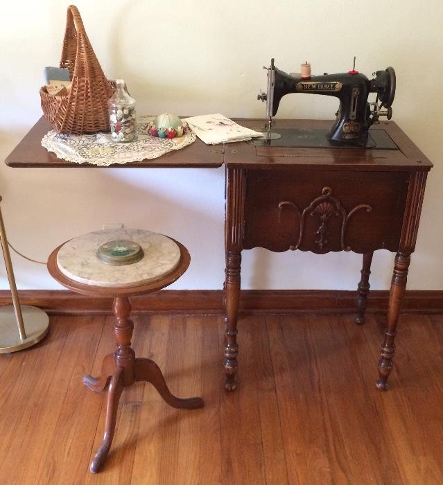 Vintage New Home Sewing Machine, Marble Top Plant Stand & More