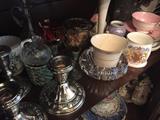 Vintage silver and glass including teacups and Belleek 