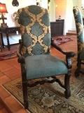 ~ Set of (2) Castlegate Arm Chairs 26"W x 30"D x 48"T and (10) Castlegate Side Chairs 24"W x 30"D x 48"T with seat height of 21". Peacock and Androit-Lagoon fabric material with Bronze Nailheads.
Retail $15,806.00
Estate $12,000.00