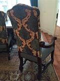 ~ Set of (2) Castlegate Arm Chairs 26"W x 30"D x 48"T and (10) Castlegate Side Chairs 24"W x 30"D x 48"T with seat height of 21". Peacock and Androit-Lagoon fabric material with Bronze Nailheads.
Retail $15,806.00
Estate $12,000.00