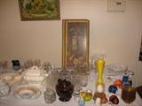 Collectible glassware and fruit prints in antique frames