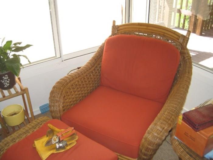 Wicker easy chair and ottoman