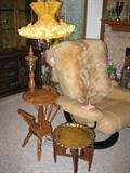 table lamp, and brass table,( chair not for sale).  2 lamp skins.
