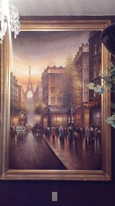 This hand painted oil painting with a beautiful gold gilded frame is 6 feet long 4 feet wide. 

Who doesn't like Paris , bring Paris to your house, this would make a great addition to your collection

I paid over over 900.00 and it could be yours for only 300.00