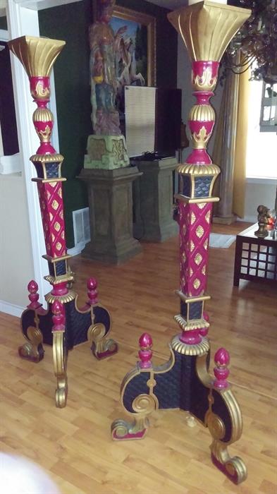 let me ask you this, where have you ever seen a pair of two gorgeous unique different candle stands, They sand at 6 feet tall and were and painted with a dark red, black, and some gold, this pair  requires a one of a kind person to enjoy these in their home

350.00