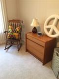 Wood rocker, 3-drawer dresser, lamp and fuzzy peace sign (2) available
