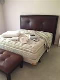 King bed - leather headboard with wood trim, mattress set and leather bench - Crate and Barrel