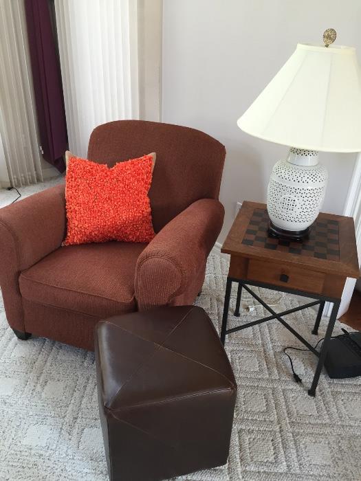 Crate and Barrel club chair, ottoman and chess side table 