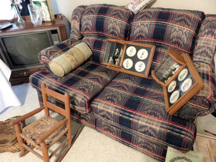 Love seat, two Hummel sets, child's rocker, working television