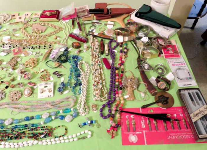 Costume jewelry, knives, and misc. smalls