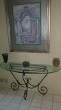 Foyer glass and wrought iron entry table, 53" long x 17" deep
