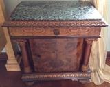 Marble Top End Chests with Burl Fronts & Carving (one of a pair)