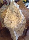 Never Used Ecru Embroidered Linen Tablecloth, Brocade Runners with fringe & trim
