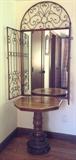 Mirror With Fold-Out Iron Gate Doors over Inlayed Wood Turned and Carved Pedestal Table