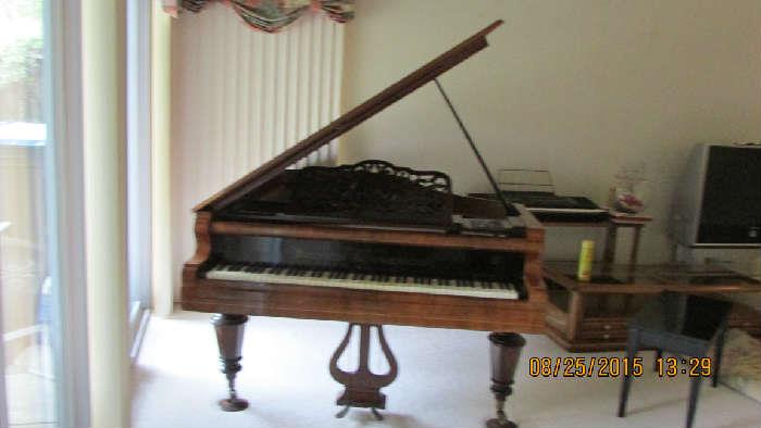 Stunning grand piano ivory keys camel hair hammers burlwood and walnut beautiful condition