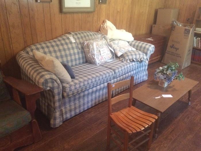 #68 blue check sofa $50
#63 maple coffee table $30
kid chair $25