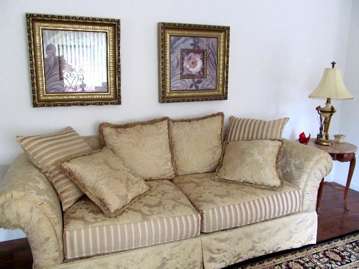 LOVELY OVER STUFFED SOFA, MARBLE TOP END TABLE, LAMP AND PAIR OF FRAMED PRINTS