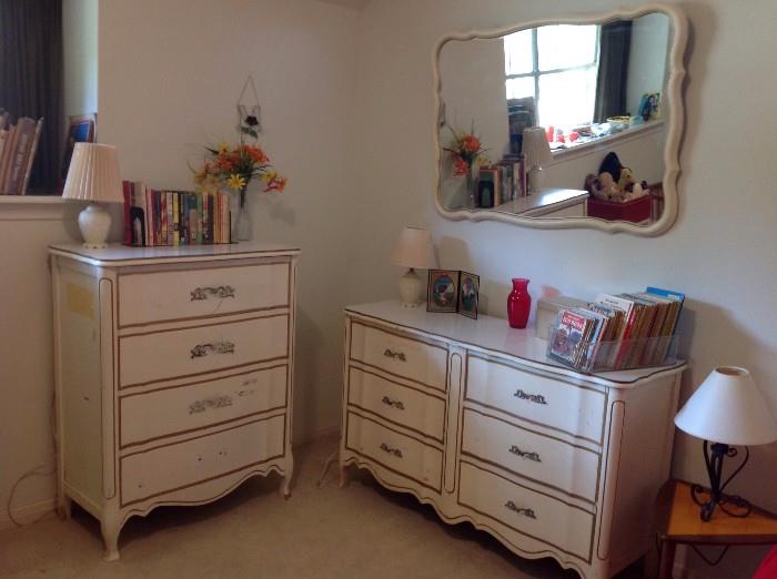 French white dresser, mirror, and chest