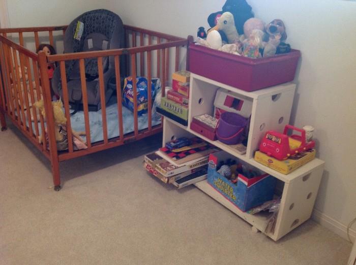 Vintage wooden playpen and toys
