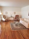 Contemporary Couch, Wing-back chairs, oriental rug, brass and glass tables:  coffee, side and sofa; floor lamp also available