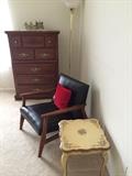 Vintage mid-century arm chair, side table, dresser and floor lamp 