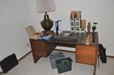 Huge brass table lamp, desk, miscellaneous office items.