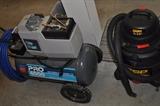 Devilbiss Pro 4000 4 hp air compressor, QSP shop vacuum.