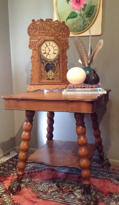 Be sure and make time for this sale and check out this beautiful clock and beautiful parlor table with glass claw feet