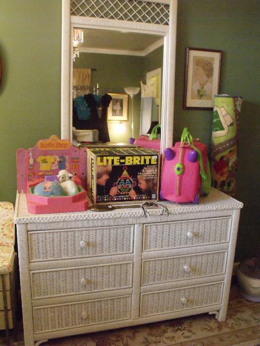 Wicker dresser and mirror, Lite-Brite and other toys