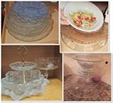 Vintage Glass: cake stand, bowls, tidbit trays, egg trays.  Entertaining & serving items