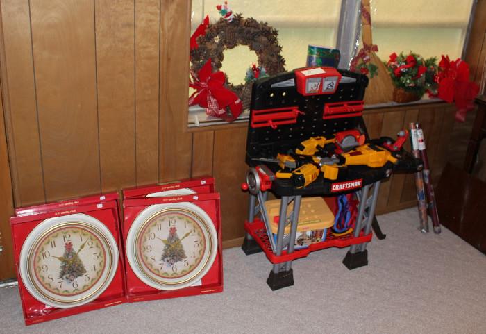 Christmas clocks, child's workbench with battery operated tools