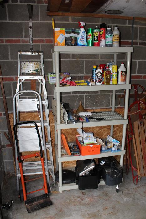 Ladders, dolly, shelves, cleaning supplies