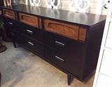 Mid Century 9 drawer Dresser / Buffet 
Color - Black w/Stained Top Drawers
Dimensions -  65 1/2"L x 17"D x 29 1/2"H