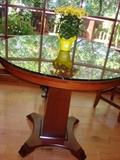 Pedestal table tall with one leaf bevelled glass top by Walter of Wabask.
