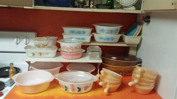 Pink Pyrex, Blue Pyrex, Fire King, other fun dishes Everyday dishes too.